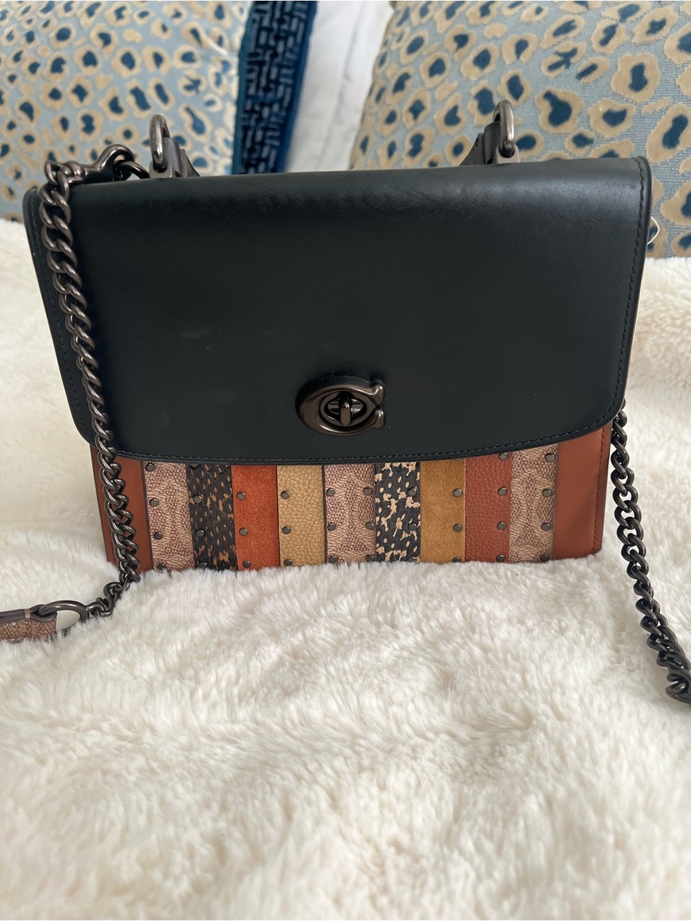 Coach Parker Top Handle With Signature Canvas Patchwork Stripes And Snakeskin